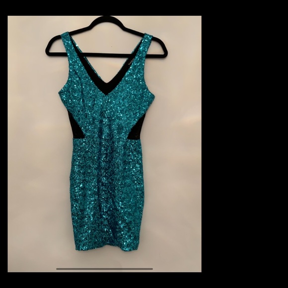 Bebe mini dress in black mesh/turquoise sequins